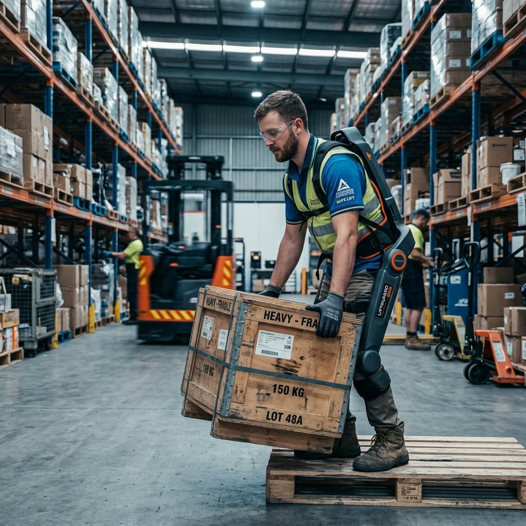 Industrial exoskeleton — warehouse worker lifting heavy cargo