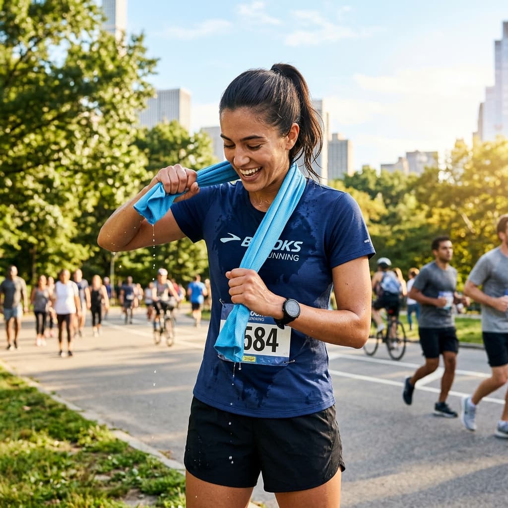 Athlete using G-Heat cooling towel after a run