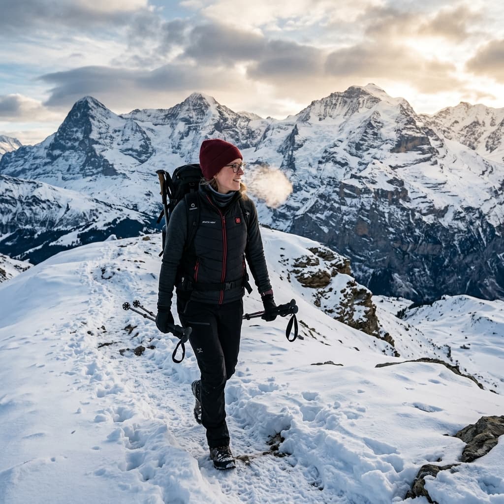 Hiker in G-Heat heated vest in winter mountains